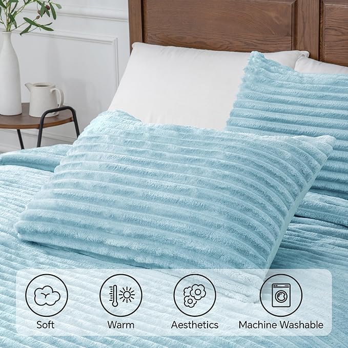 BEDELITE Fleece Queen Comforter Set -Super Soft & Warm Fluffy Light Blue Bedding, Luxury Fuzzy Heavy Bed Set for Winter with 2 Pillow Cases