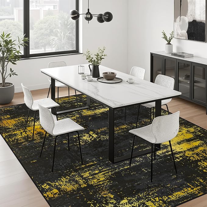 8x10 Area Rug Living Room: Modern Washable Soft Carpet Black Gold | - Image 4