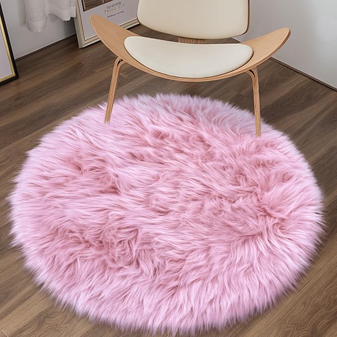 Pink Round Rug for Girls Bedroom, Fluffy Circle Rug 3 3 Feet for Kids Room - Image 3