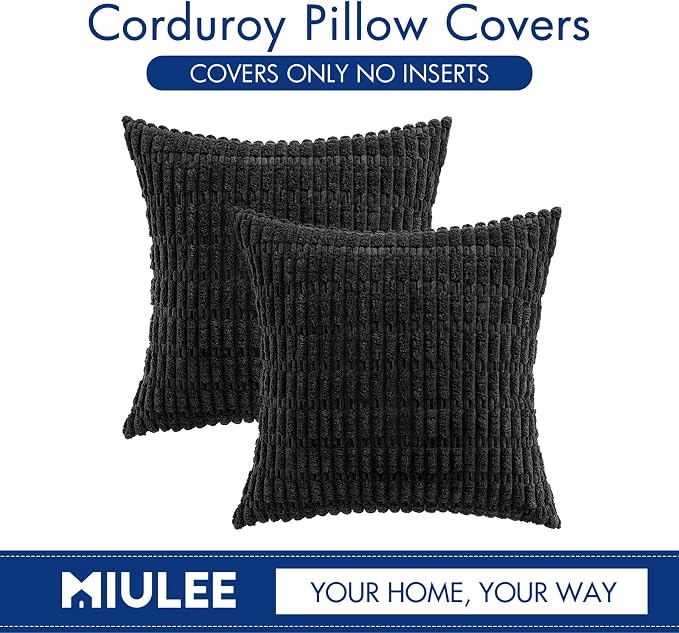 MIULEE Corduroy Decorative Throw Pillow Covers 20x20 Black Pack of 2 | Soft - Image 6