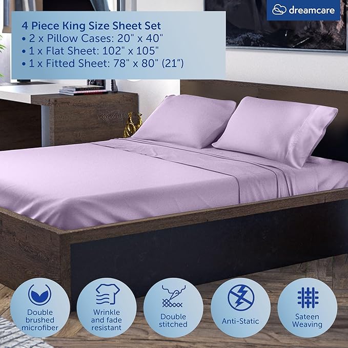 DREAMCARE King Size Sheets Set – 4 pcs Cooling Sheets – up to 21” Deep Pocket King Sheet Set – Hotel Luxury Sheets & Pillowcases – Superior Softness 100% Microfiber with Side Pocket - Lavender