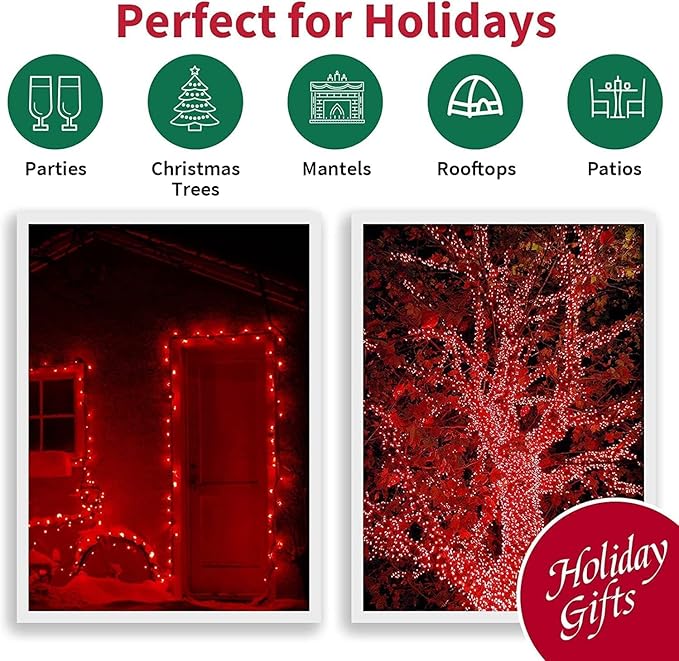 LAMPHOME Super-Bright Extendable RED Christmas Lights Decoration 150Lights 31.9ft UL Certified Mini Bulb String Lights Set for Outdoor Christmas Tree Garden Holiday Party Patio Wedding Garland Decor