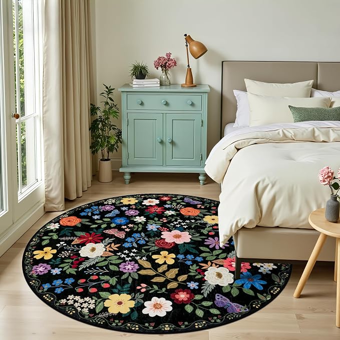 PLHXFR Round Area Rug Living Room: 6 ft Floral Washable Soft Carpet Black | - Image 3