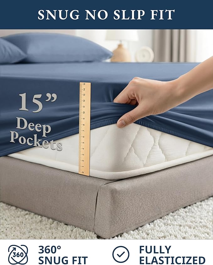 LANE LINEN 100% Organic Cotton Twin Bed Sheet Set, Luxury Hotel Style Fade Resistant Deep Pocket Machine Washable Twin Size Sheet Set, Eco Friendly Mercerized Cotton Sheets- Estate Blue