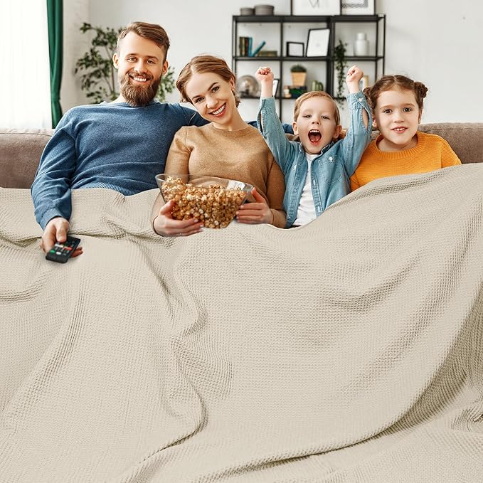 PHF 100% Cotton Waffle Weave Family Blanket,Oversized King Size 120"x 120"-Pre-Washed Snag Proof Lightweight Breathable Moisture-Wicking, 10'x 10' Huge Extra Large Big,Home Decoration Gift-Linen
