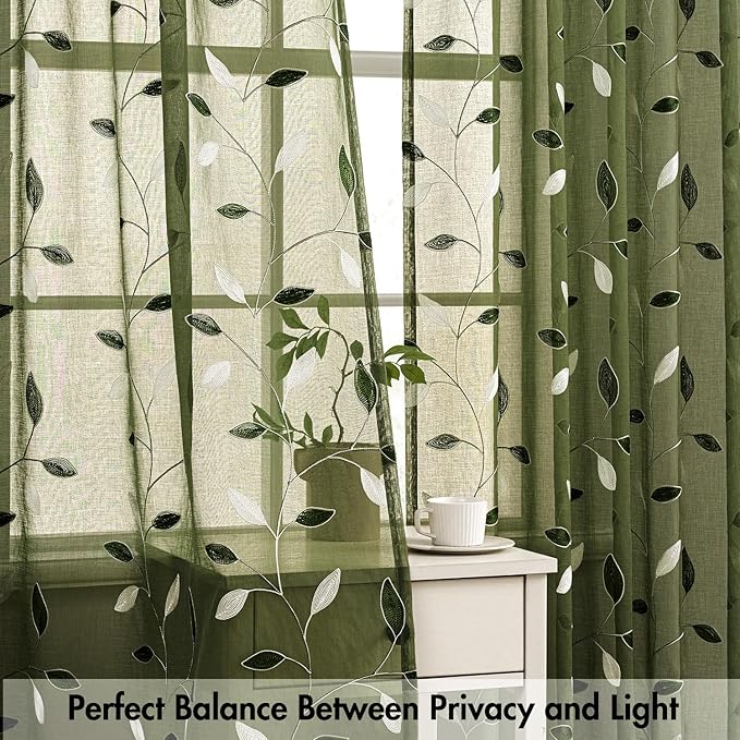 MIULEE Olive Green Sheer Curtains 2 Panels Leaf Patterned, W52 x L63 | - Image 5