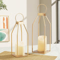 Perfnique Modern Farmhouse Lantern Decor, 15'' 12.6'' Set of 2 Gold Metal Lanterns, 2 LED 6hr Timer Flickering Flameless Candles, Lanterns Decorative for Outdoor, Porch, Fireplace, Patio
