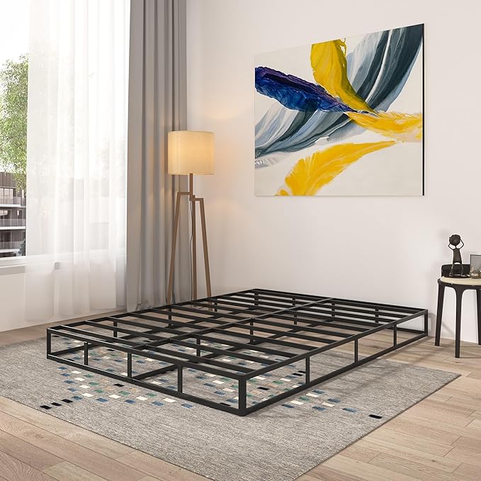 Qingzhou Box Spring King Bed Bases, 7 Inch High Metal King Size Box Spring Only, Heavy Duty Mattress Foundation with Fabric Cover, Easy Assembly, Quiet Noise Free, Non Slip, Black