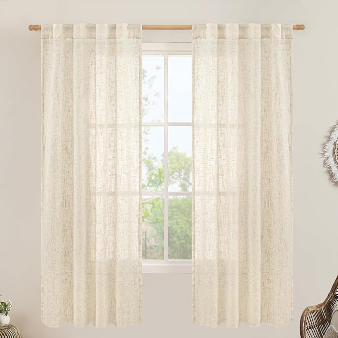 Semi Sheer Beige Linen Curtains 72 inch 2 Panels, 34 x 72 Inch | Light by LAMIT