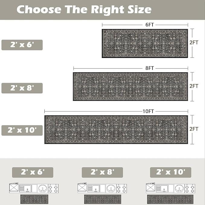 Grey Hallway Runner Rug 2x8 for Kitchen Bathroom | Non Slip;Machine Washable; - Image 2