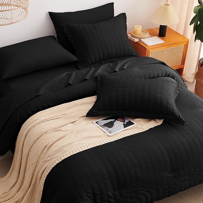 CozyLux Twin XL Comforter Set with Sheets Seersucker Black 5 Pieces Bed in a Bag, Twin Extra Long Luxury Soft Bedding Sets for College Dorm with Down Alternative Comforter, Sheets, Pillowcases & Shams