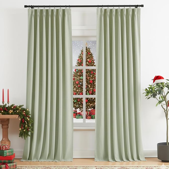 Vision Home Soft Green Pinch Pleated Full Blackout Curtains Linen Blended Room - Image 9