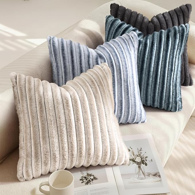 decorUhome Fall Faux Fur Throw Pillow Covers 20x20 Set of 2 Blue Grey | - Image 4