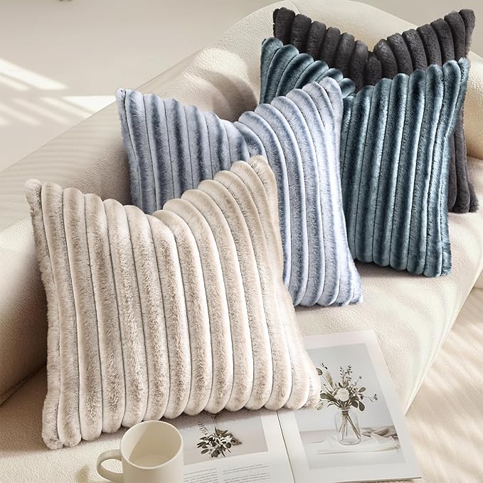 decorUhome Fall Faux Fur Throw Pillow Covers 22x22 Set of 2 Grey White | - Image 4
