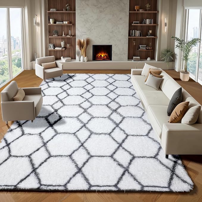 7x9 Area Rugs for Living Room Bedroom, Fluffy White and Grey Geometric Rug | - Image 5