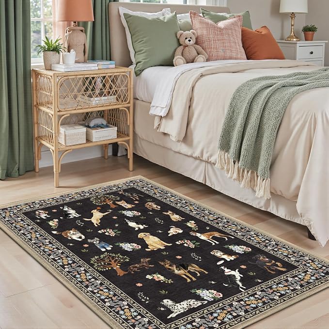 Black Floral Area Rug 4x6 for Bedroom Dining Room | Low Pile; Non Slip;Machine - Image 4