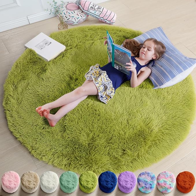 Amdrebio Grass Green Small Fuzzy Round Circle Rug 3Ft by Amdrebio