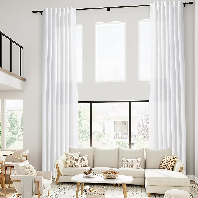 White Linen Curtains for Living Room Extra Long Back Tab Curtains 2 Panels Set - Image 7