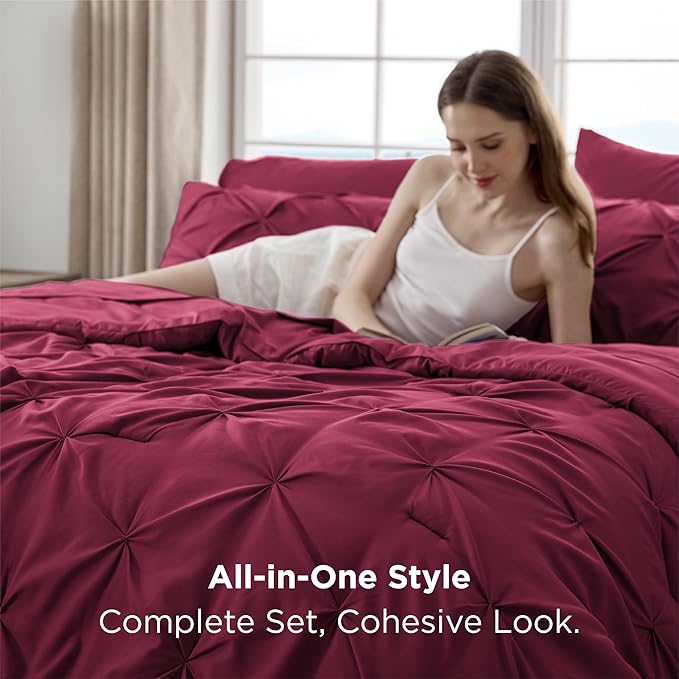 Bedsure King Size Comforter Set Dark Red - Bed in a Bag Bedding Set 7 Pieces, GentleSoft™ Pintuck Bed Set Gift for Family, Pinch Pleat Dark Red Comforter with Sheets, Pillowcases & Shams