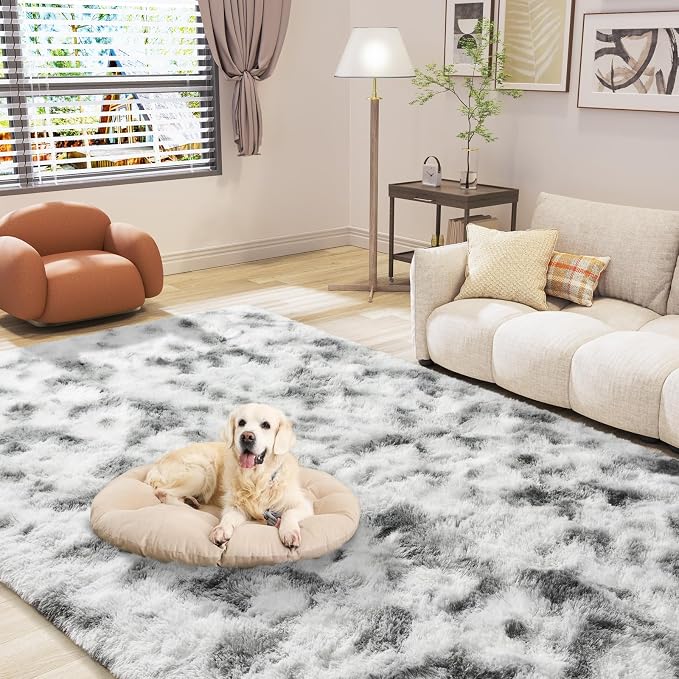 LOCHAS 8x10 Area Rugs Fluffy Living Room Bedroom Rug, Tie-Dyed Grey & White | - Image 3