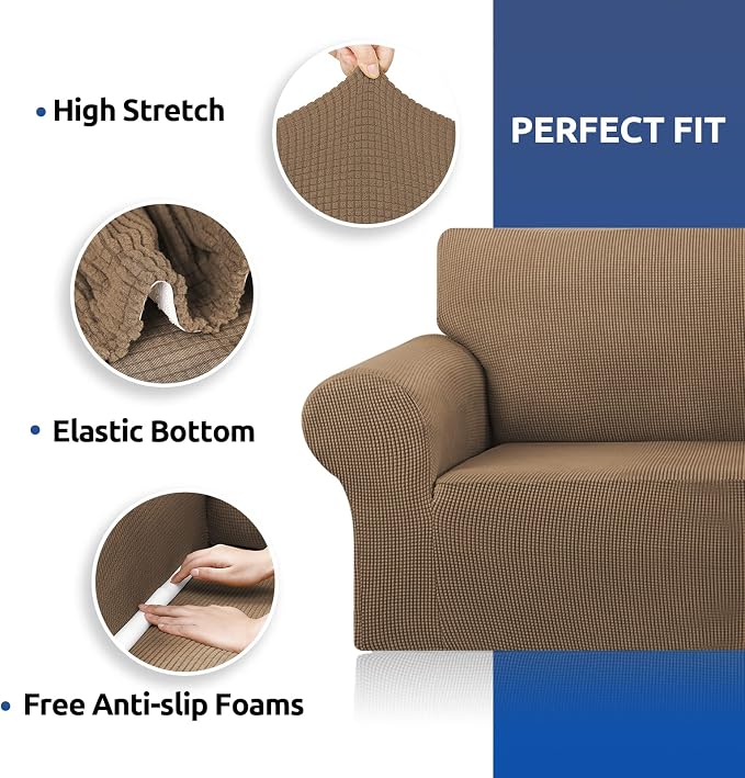 Stretch Chair Sofa Slipcover, Single Couch Cover, Camel | 1-Piece Washable Sofa - Image 4