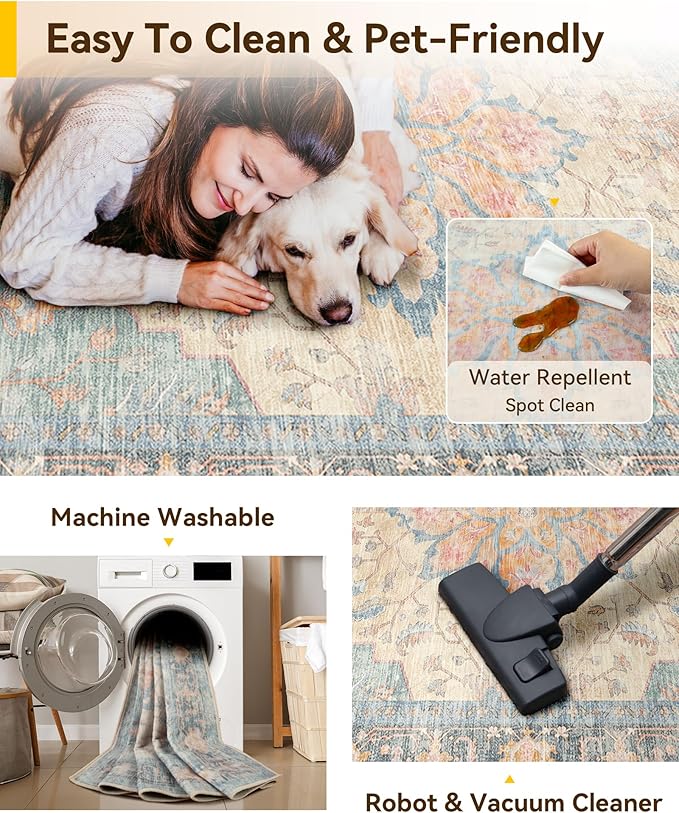 RELEANY Washable Area Rug, Water Repellent, Pet Friendly, Vintage Floral Boho - Image 6