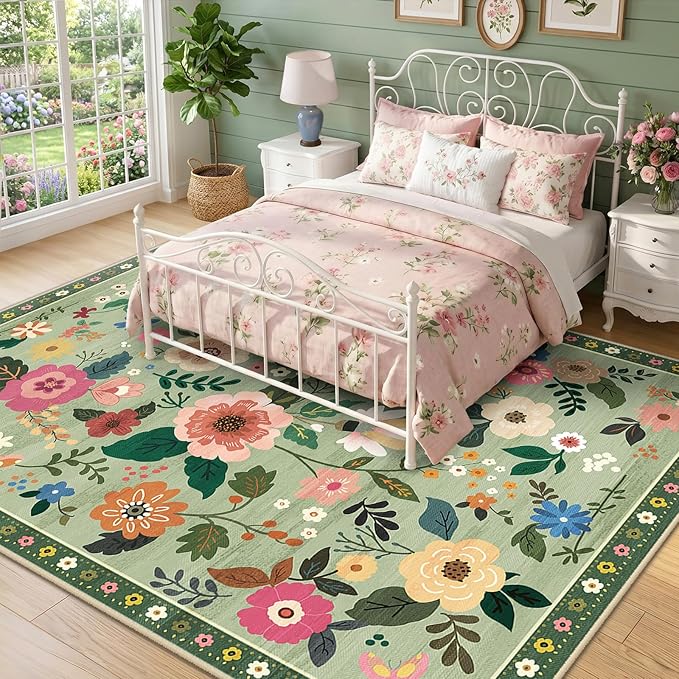 RELEANY Floral Washable 6x9 Area Rugs LightGreen | Flower Carpet Print Boho - Image 6