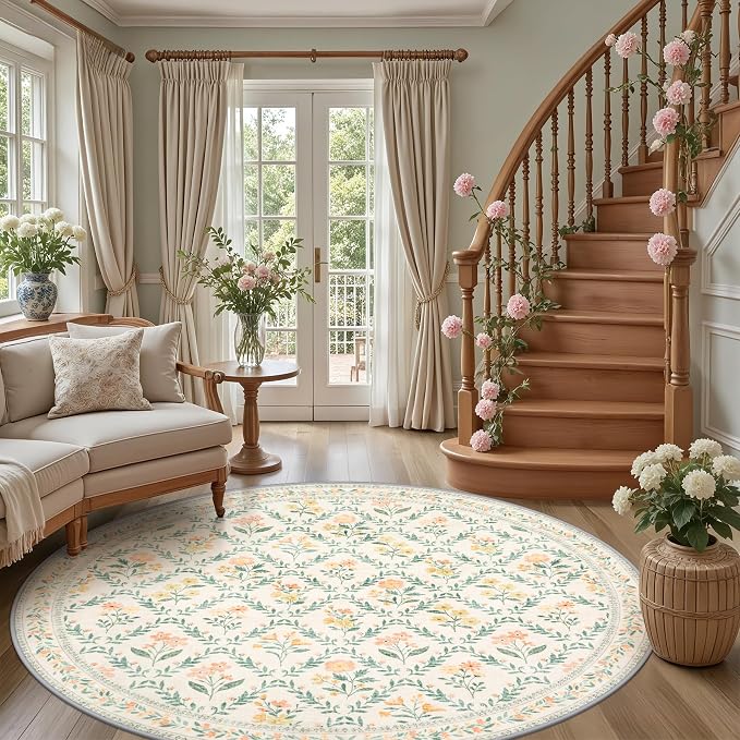 PLHXFR Round Area Rug Living Room: 8 ft Floral Washable Carpet Beige Multi | - Image 5