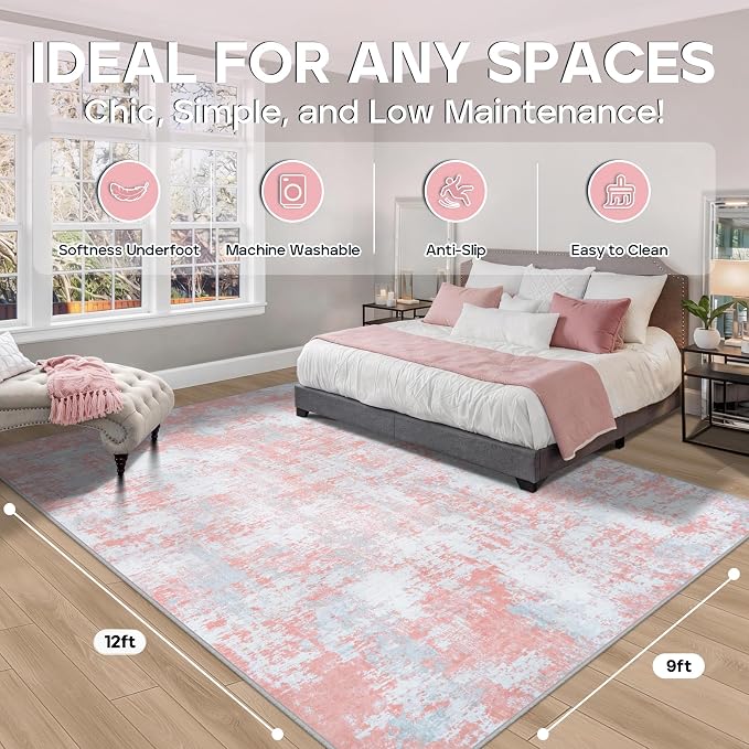 Aelenmu 9x12 Area Rugs for Living Room Bedroom Dining Room Washable Pink | Soft - Image 2
