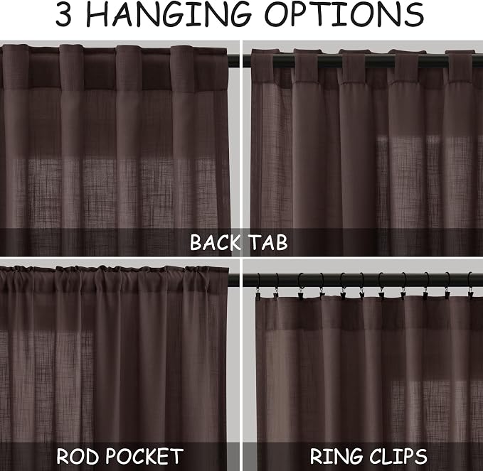 Coffee Linen Boho Curtains for Bedroom Back Tab Rod Pocket Semi Sheer Linen - Image 3