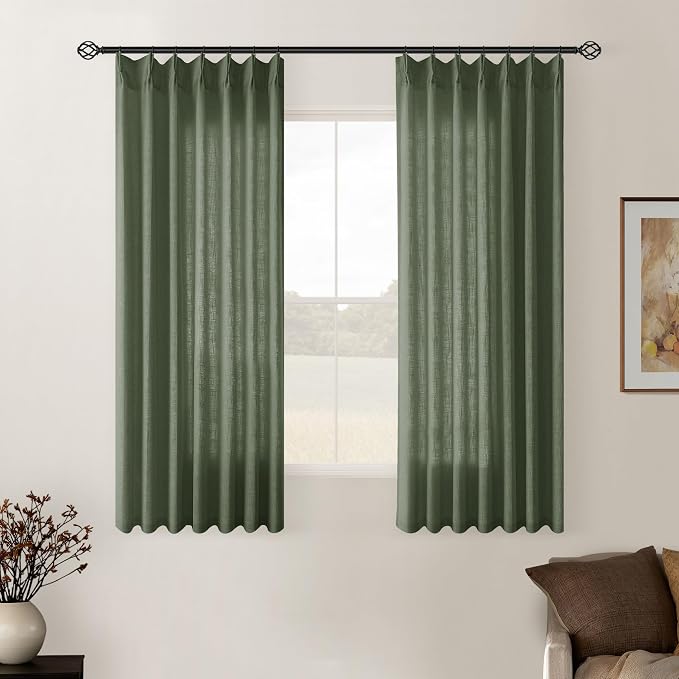 Olive Green Pinch Pleat Linen Semi Sheer Curtains 45 Inch Length 2 Panels | by Twodrapes