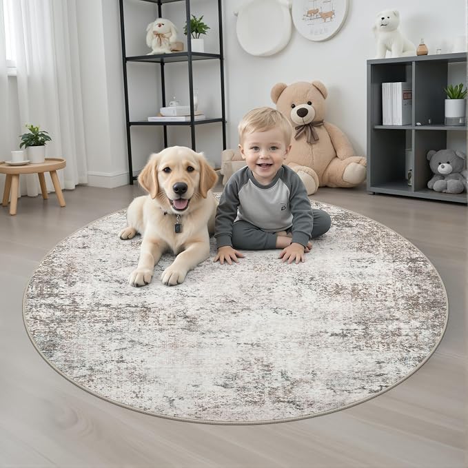 Round Area Rug Living Room: 5 ft Modern Washable Carpet Brown | - Image 2