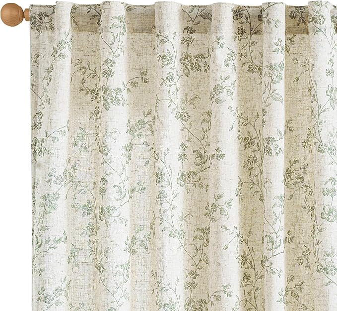 Green Vintage Floral Linen Curtains Farmhouse 50W X 84L 2 Panels | Elisa Series by Lazzzy