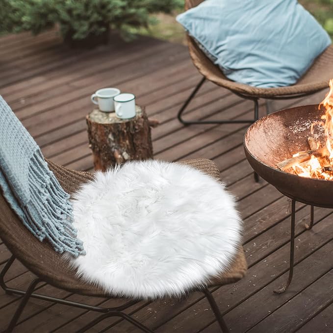 White Faux Fur Rug 2x2 Feet Small Round Fluffy Rug, Faux Sheepskin Circle Shag - Image 7