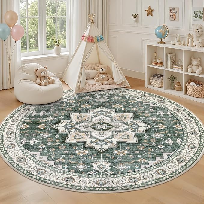 Round Area Rug for Living Room: 8ft Boho Washable Rug Green Ivory | Vintage - Image 5