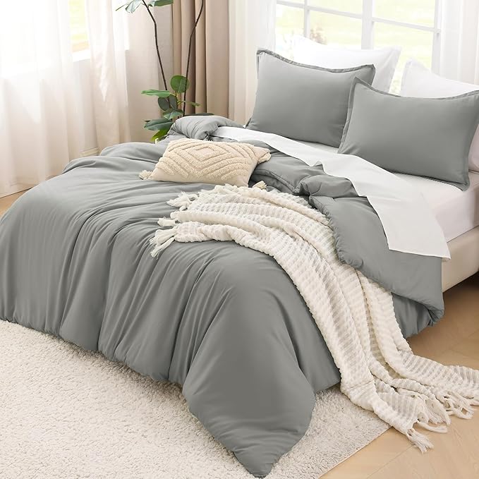 Litanika Comforters Medium Gray Oversized King Size, 3 Pieces Lightweight Solid Bedding Set & Collections, All Season Fluffy Bed Set (120x98In Comforter & 2 Pillowcases)