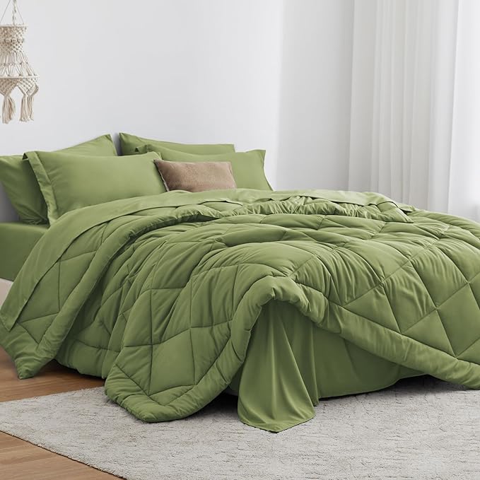 Love's cabin Queen Comforter Set Olive Green, 7 Pieces Queen Bed in a Bag, All Season Bedding Sets with 1 Comforter, 1 Flat Sheet, 1 Fitted Sheet, 2 Pillowcase and 2 Pillow Sham