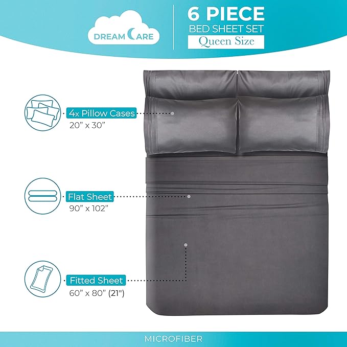 DREAMCARE Queen Sheet Set – 6 pcs Cooling Bed Sheets – up to 21” Deep Pocket Queen Sheets Set – 2500 Supreme Collection – Extra Soft 100% Brushed Microfiber Hotel Luxury with Side Pocket – Gray