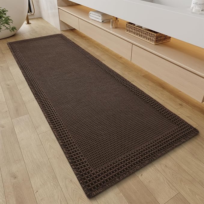 RESARE Waffle Bathroom Runner Rugs, Non Slip Boho Bath Mat 24x60 Dark Brown | by Resare