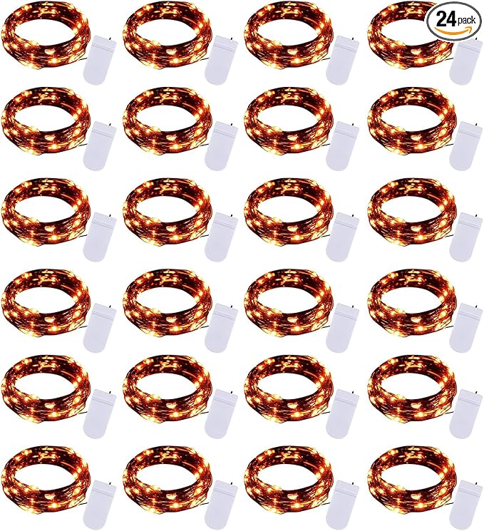 Brightown 24 Pack LED Fairy Lights Battery Operated String Lights Waterproof Silver Wire 7 Feet 20 LED Firefly Starry Moon Lights for DIY Wedding Party Bedroom Patio Christmas (Orange, 24 Pack)