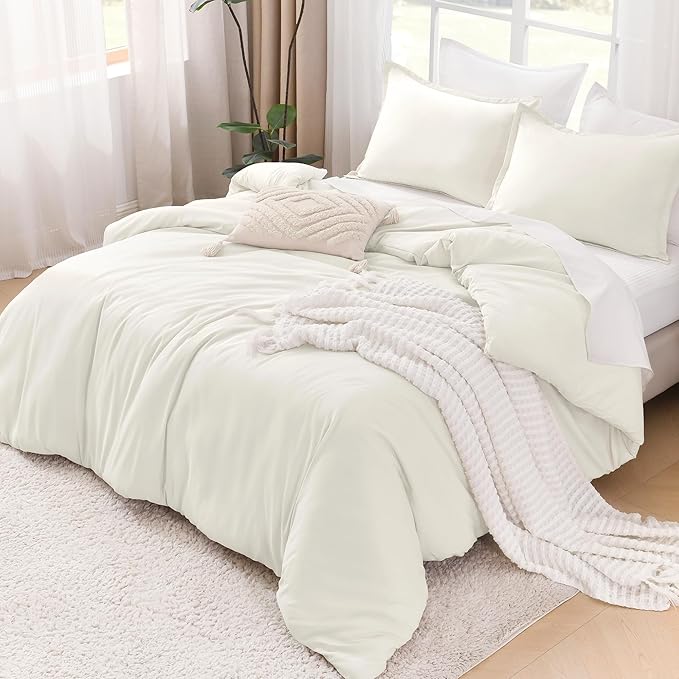 Litanika Ivory Comforter Set Queen Size, 3 Pieces Lightweight Solid Bedding Comforter Set, All Season Fluffy Bed Set (90x90In Comforter & 2 Pillowcases)