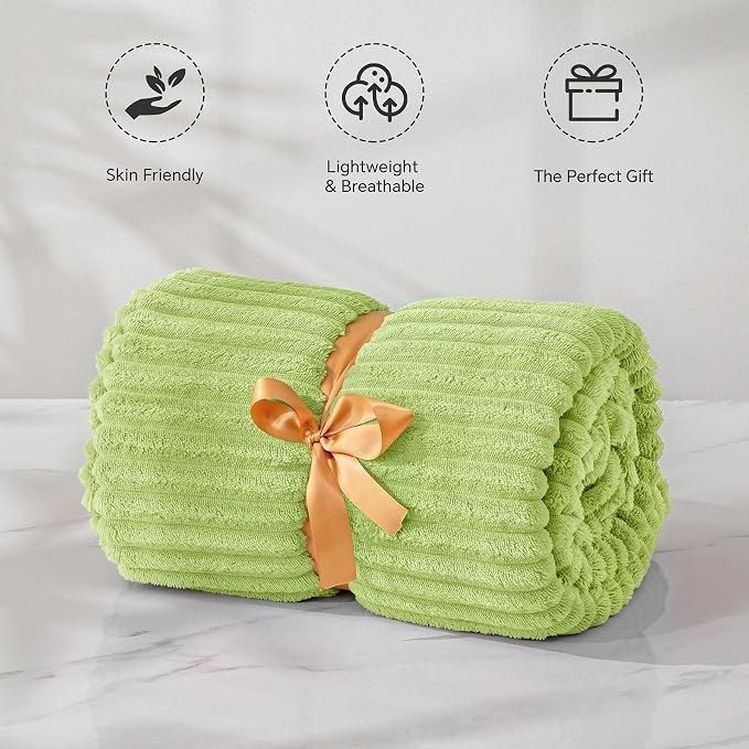 BEDELITE Ribbed Jacquard Cream Lime Fleece Twin Blanket - Image 5