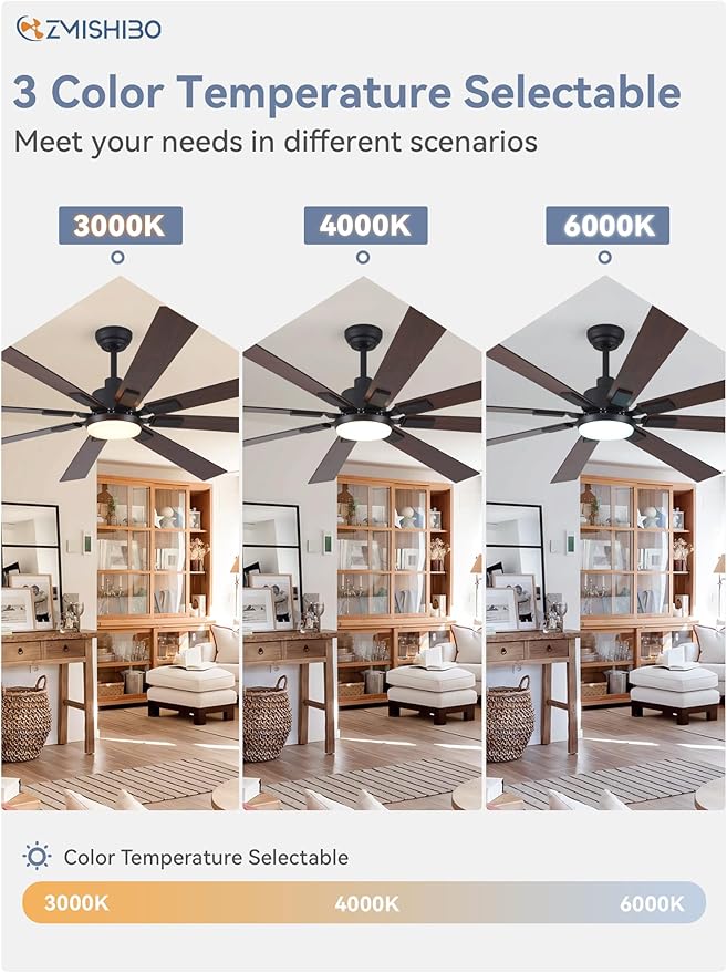 ZMISHIBO 72 inch Large Ceiling Fans with Lights and Remote, Indoor/Outdoor Black Modern Ceiling Fan for Kitchen Living Room Patio, 6 Speed Reversible Quiet DC Motor, 3 CCT, Dual Finish 8 Blades