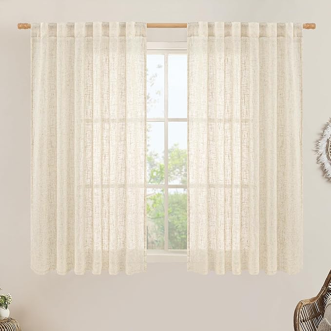 Beige Linen Semi Sheer Curtains 48 Inch by LAMIT