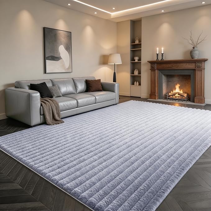 Blue Grey Rabbit Striped Plush Rug 6'x9', Fluffy Shaggy Area Rug - Image 3