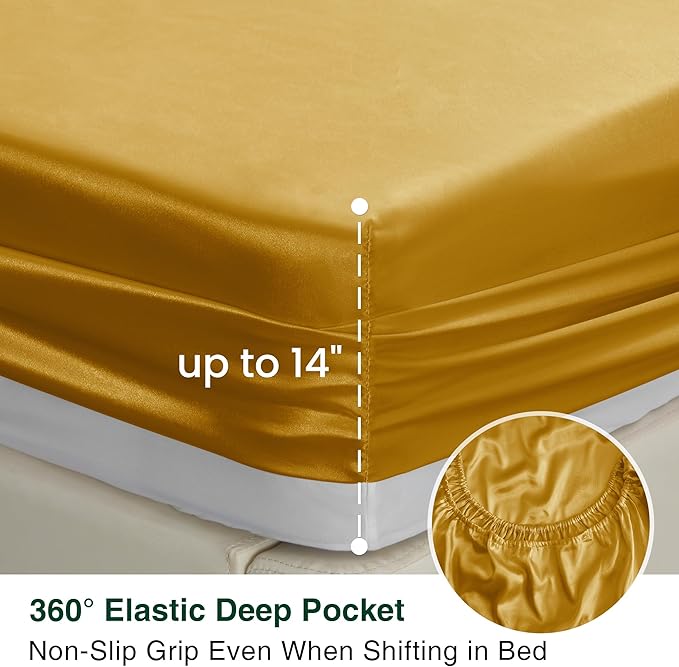 Love's cabin Twin XL Satin Sheet Sets - 3 Piece Gold Silky Bed Sheets with Deep Pockets, Luxury Silk Feel Satin Sheet Set Twin XL (1 Flat Sheet,1 Fitted Sheet,1 Pillow case)
