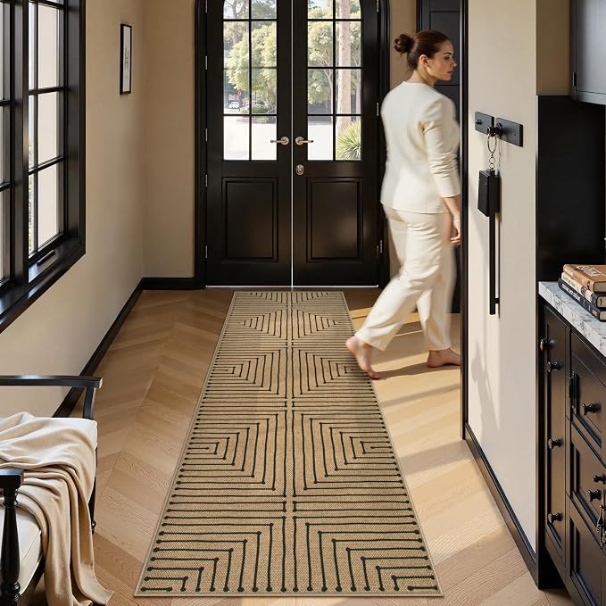 Lahome Geometric 2x8 Runner Rug, Neutral Non Slip Kitchen Entryway Runner | - Image 3
