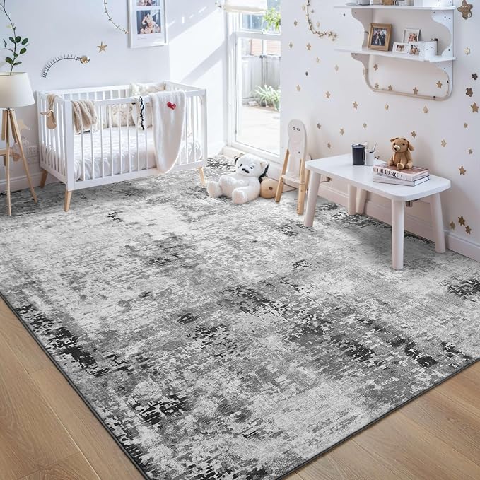 Area Rug 4x6 Grey Rug Washable Boho Rugs Non Slip Low Pile Abstract Small Carpet - Image 10