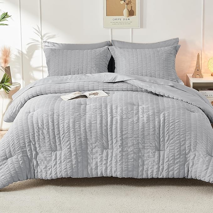 HYMOKEGE Light Grey Queen Comforter Set Seersucker 7 Pieces, All Season Luxury Bed in a Bag for Bedroom, Bedding Set with Comforters, Sheets, Pillowcases & Shams