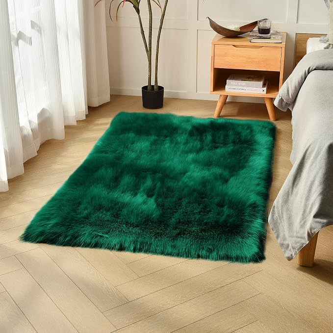 Emerald Green Faux Sheepskin Fur Rug 3x5 ft, Fluffy Carpet Rug | Shag Fuzzy by duduta